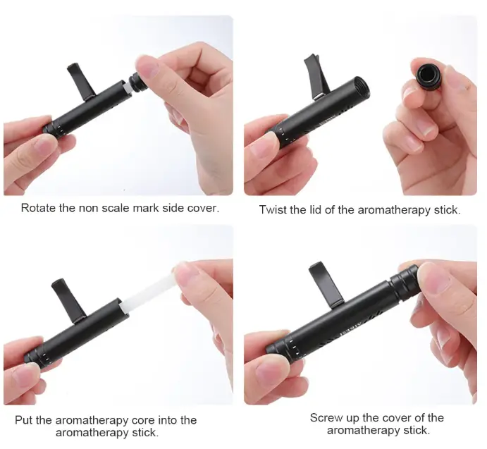 Four steps showing how a solid fragrance core is replaced inside the vent diffuser